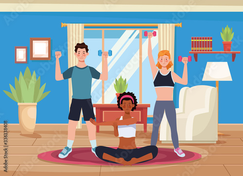 interracial people practicing exercise in the house