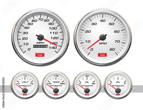 Car dashboard gauges set. Vector illustration isolated on white background. Fuel gauge, speedometer, tachometer, temperature indicator. Set of car speedometers for racing design.