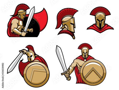 Spartan warrior in helmet with shield and sword, vector heraldic icons. Greek Spartan or Roman Gladiator warrior knight in red cape and golden helmet