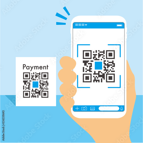 Qr code payment , online shopping , cashless technology concept. Coffee shop accepted digital pay without money , plastic tag on table and hand using mobile phone application to scan qr code.