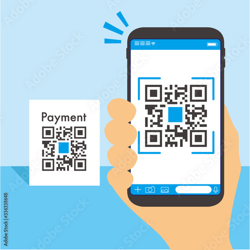 Qr code payment , online shopping , cashless technology concept. Coffee shop accepted digital pay without money , plastic tag on table and hand using mobile phone application to scan qr code.