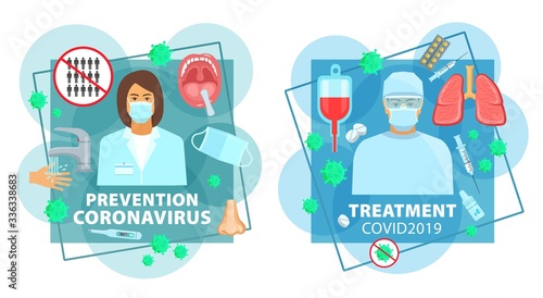 Coronavirus prevention and treatment medicine, hand wash and medical test, vector. Coronavirus COVID 19 pandemic and epidemic antiviral treatment, doctor in masks, blood transfusion and medical help
