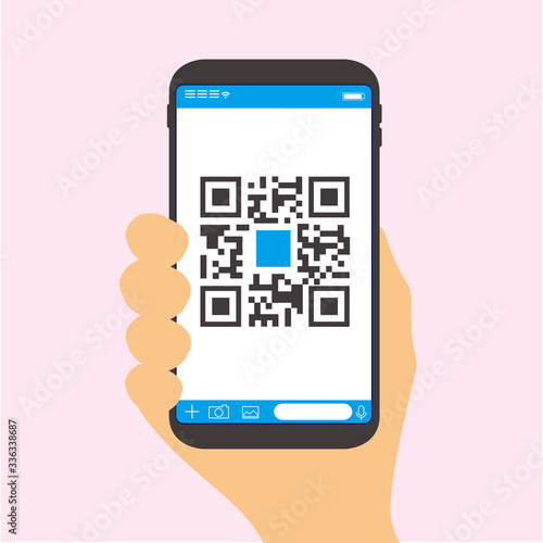 Qr code payment , online shopping , cashless technology concept. Coffee shop accepted digital pay without money , plastic tag on table and hand using mobile phone application to scan qr code.