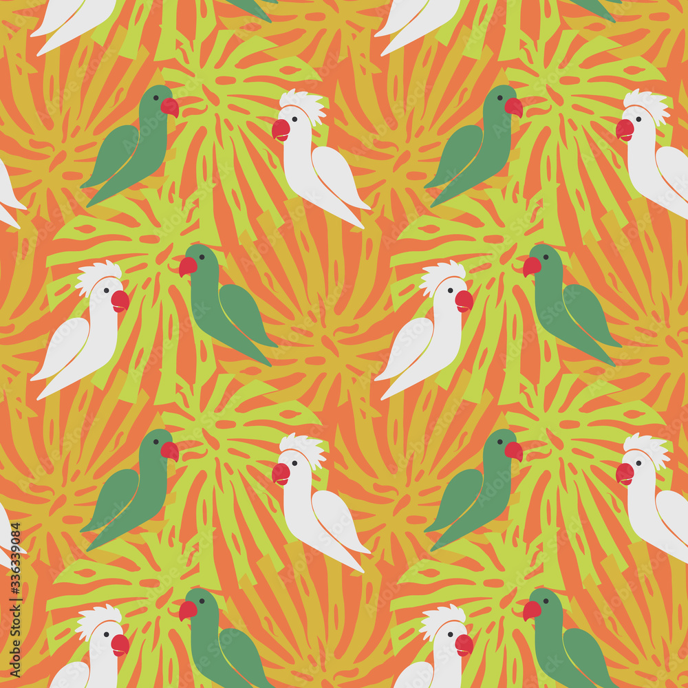 Green and white parrots on a botanical orange background seamless vector pattern. Decorative summertime surface print design in warm colors. For fabrics, wrapping paper, cards and packaging.