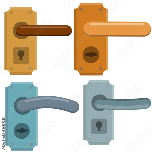 Set of Door handle. Opening and closing. Cartoon flat icon isolated on white. Doorway and entrance element. Lock and keyhole