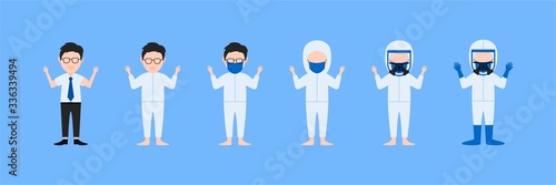 Tutorial on how to use Hazmat clothes. Men wear hazmat suits, medical gloves, masks, goggle medical, and chemical masks - illustration vector.