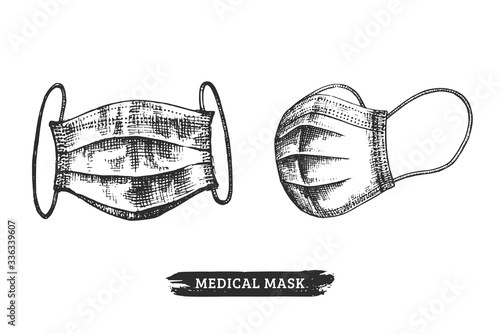 A set of face masks, graphic illustration. Hand sketches of medical wear in vector.