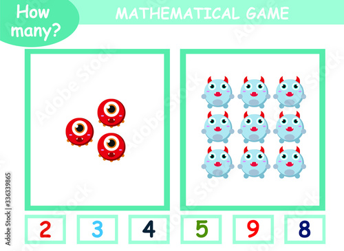 educational page with mathematical games for children. how many cute monsters on a page, circle the correct number