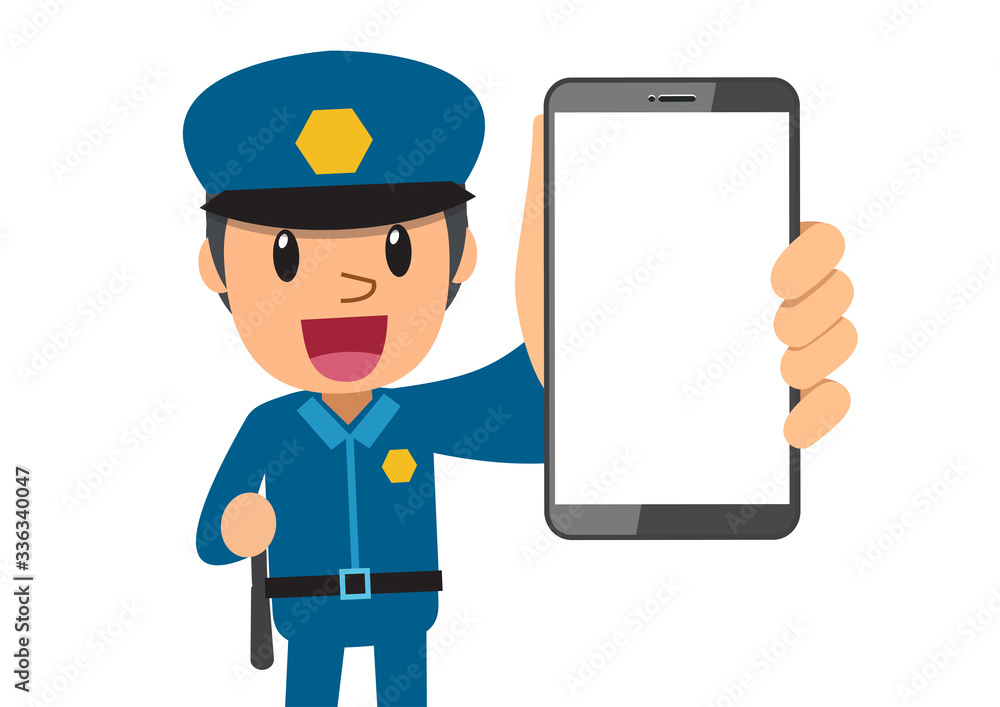 Cartoon character policeman with blank screen smartphone for design. Cartoon character policeman with blank screen smartphone for design.