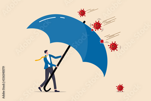 COVID-19 Coronavirus outbreak financial crisis help policy, company and business to survive concept, businessman leader stand safe by cover himself with big umbrella from COVID-19 Coronavirus pathogen
