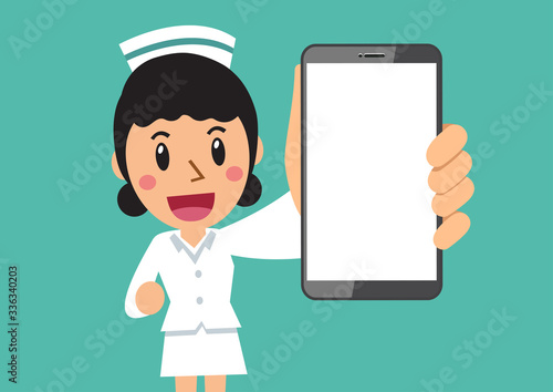 Cartoon character female nurse with blank screen smartphone for design.