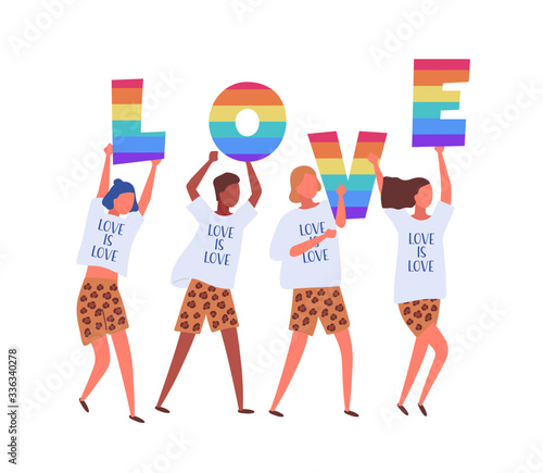 People carrying LOVE letters in rainbow colors isolated on white background