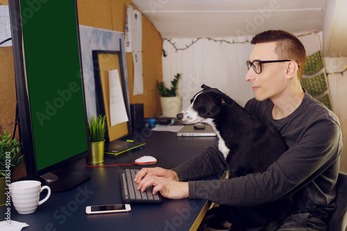 Stay at home, a man sits at a computer at home, a dog interferes with work. A man works at home, the dog sits in his arms and looks at the computer. Computer with a green background. Freelance  photo