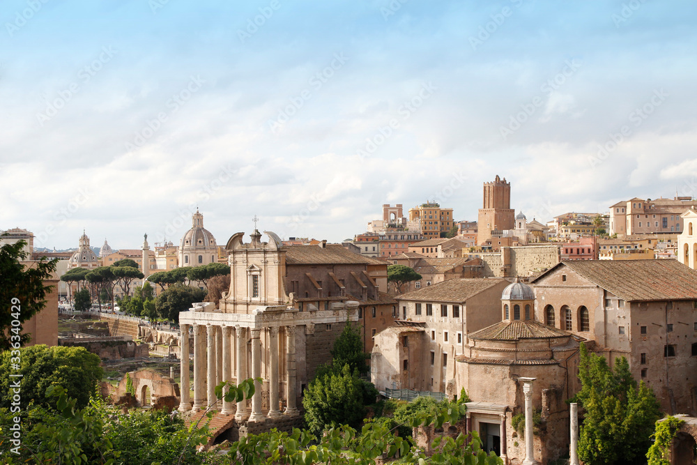 View of the Roman Forum during sunset in Rome, Italy