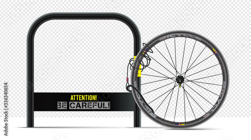 Criminal stealing bicycle vector illustration. Bike theft, law break, crime design element. Thief carrying vehicle isolated on white background. Security lock blocking bike wheel. Wheel with padlock.