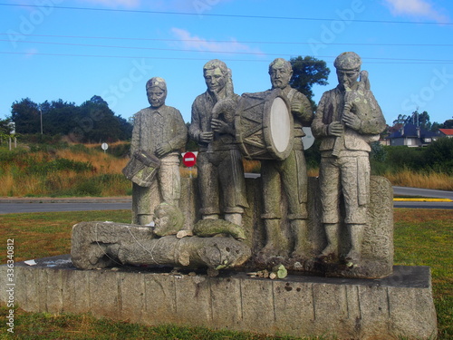 Stone statue of music band, Camino de Santiago, Way of St. James, Journey from Monasterio de Armenteira to Vilanova de Arousa, Portuguese way, Portugal