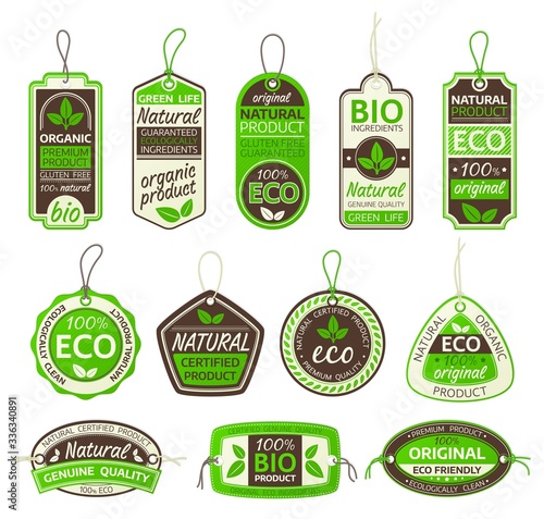 Bio food labels, eco organic gluten free natural product, vector tags with strings. Natural green vegan food, 100 percent genuine premium quality and eco certification warranty labels