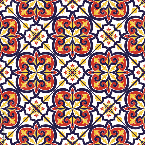 Portuguese tile pattern vector seamless with vintage ornament. Mexican talavera, Spanish, Portugal azulejos, Italian Sicily majolica or Venetian ceramic. Retro texture for wallpaper or kitchen floor.