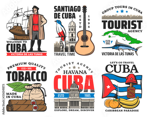 Cuba travel and tourism vector icons. Cuban flag, map and island travel landmark, Havana cigars and tobacco leaves, caribbean banana and oranges, guitar, marlin and Columb, trogon, liberty cap