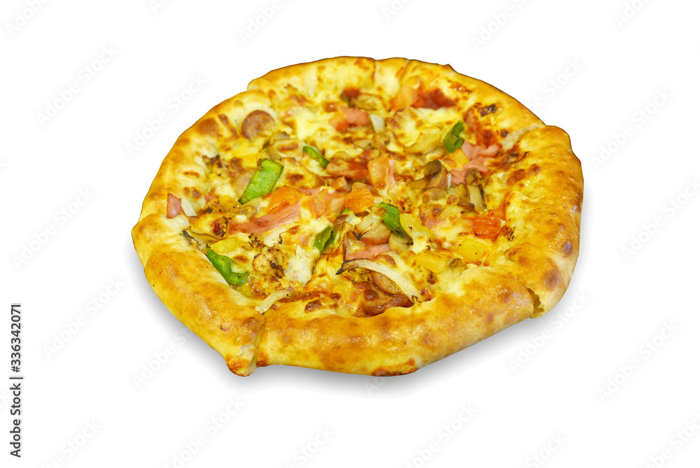 Selective focus of pizza isolated on a white background. Selective focus of pizza isolated on a white background.