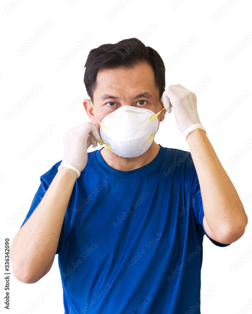 Asian Men Are Wearing Medical Masks N95. To Prevent Viruses That are Pervading Around the World. Isolated On White Background Asian Men Are Wearing Medical Masks N95. To Prevent Viruses That are Pervading Around the World. Isolated On White Background