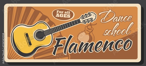Flamenco dance school retro poster, Spanish culture and national traditions. Spain country professional flamenco dancers club, castanets and guitar music instruments playing courses