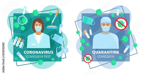 Coronavirus tests, epidemic disease treatments and medical research, vector. Doctors in protective masks, coronavirus stop sign, laboratory vaccine and disease research, pandemic antiviral quarantine