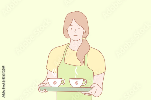 Cofee, barista, service, offer, order advertising concept. Young happy woman girl barista waitress in apron holds tray with two cups of hot cofee. Cofeehouse advertising. Taking order. Service sphere.