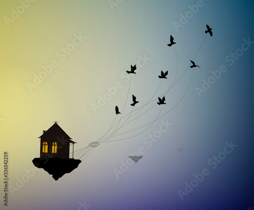 dream at home concept, travel in dream idea, save life stay home, flock of birds flying away with house in the sky, home isolation,