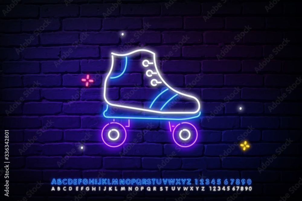 Rollers neon word with roller skate logo. Neon sign, night bright  advertisement, colorful signboard, light banner. Vector illustration in neon  style. Stock Vector | Adobe Stock