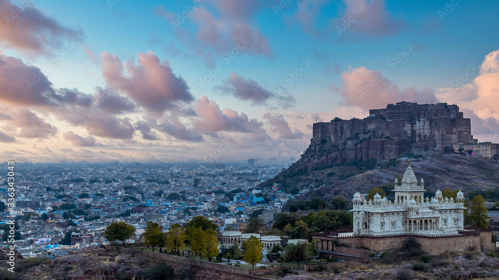 Mehrangarh Fort ancient architecture at sunset, located in Jodhpur, Rajasthan is one of the largest forts in India, UNESCO World heritage site, Blue City, Jodhpur, Rajasthan, India.