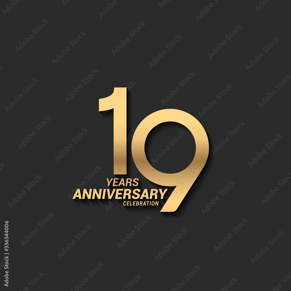 19 years anniversary celebration logotype with elegant modern number gold color for celebration - obrazy, fototapety, plakaty 