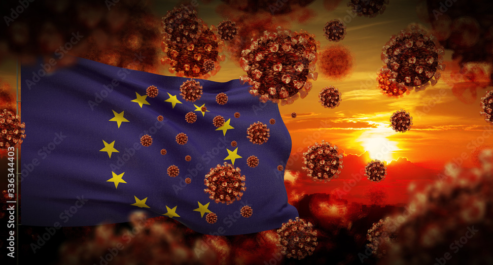 COVID-19 Coronavirus 2019-nCov virus outbreak lockdown concept concept with Official EU flag. European Union Flag. 3D illustration.