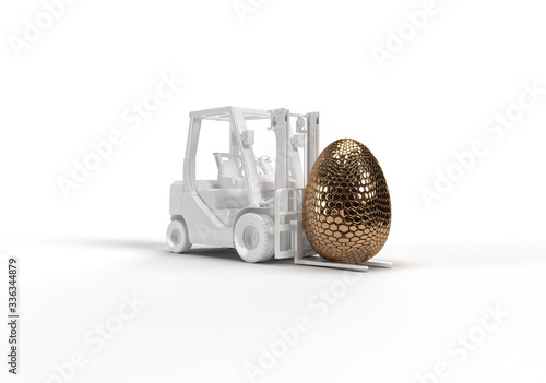 3d render of forklift carrying gaster egg with gold texture creative graphic background