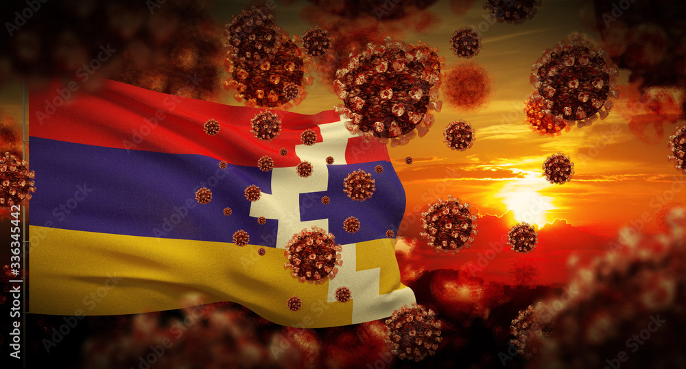 COVID-19 Coronavirus 2019-nCov virus outbreak lockdown concept concept with flag of Artsakh. 3D illustration.