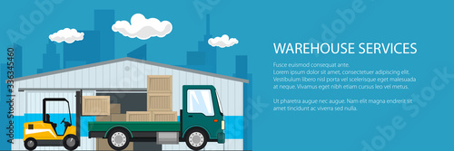 Banner of warehouse and delivery services , forklift truck and green small cargo car with boxes , unloading or loading of goods and text, vector illustration