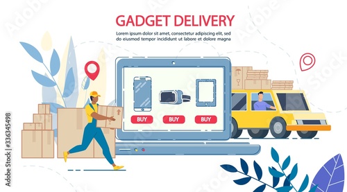 Electronic Gadgets Internet Shop with Delivery Online Service. Loader Putting Packages on Truck. Targeted Transportation to Location Destination. Buy Button on Laptop Screen under Appliance Assortment