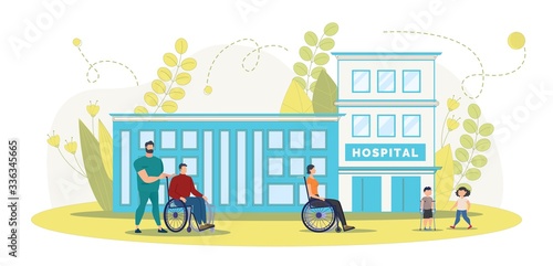 Disabled People Rehabilitation in Modern Clinic Trendy Flat Vector Concept. Male Nurse Pushing Disabled Man and Woman in Wheelchairs, Injured Boy on Crunches near Hospital Building Illustration
