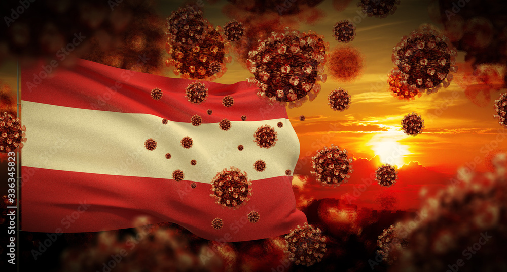COVID-19 Coronavirus 2019-nCov virus outbreak lockdown concept concept with flag of Austria. 3D illustration.