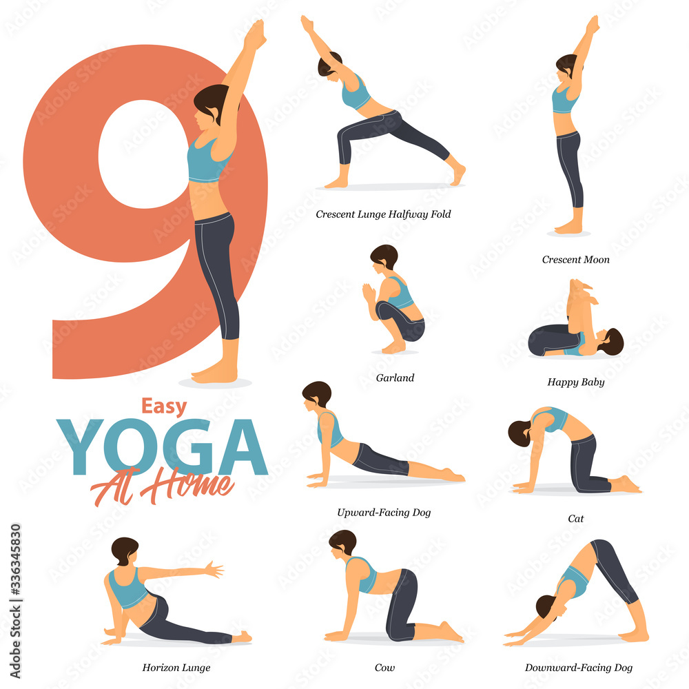 Infographic Of Yoga Poses For Easy Yoga At Home In Flat Design Beauty Woman Is Doing Exercise