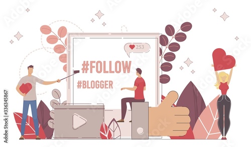Blogger Video Channel Follower, Social Media Content Source Subscriber Concept. Man and Woman Characters Liking Photo and Video Online, Following, Subscribing to Vlog Trendy Flat Vector Illustration