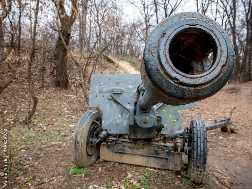 Rusty old cannon used in the world war II, in a forest. Rusty old cannon used in the world war II, in a forest.