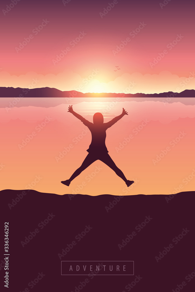 happy jumping girl at sunrise by lake with mountain view vector illustration EPS10