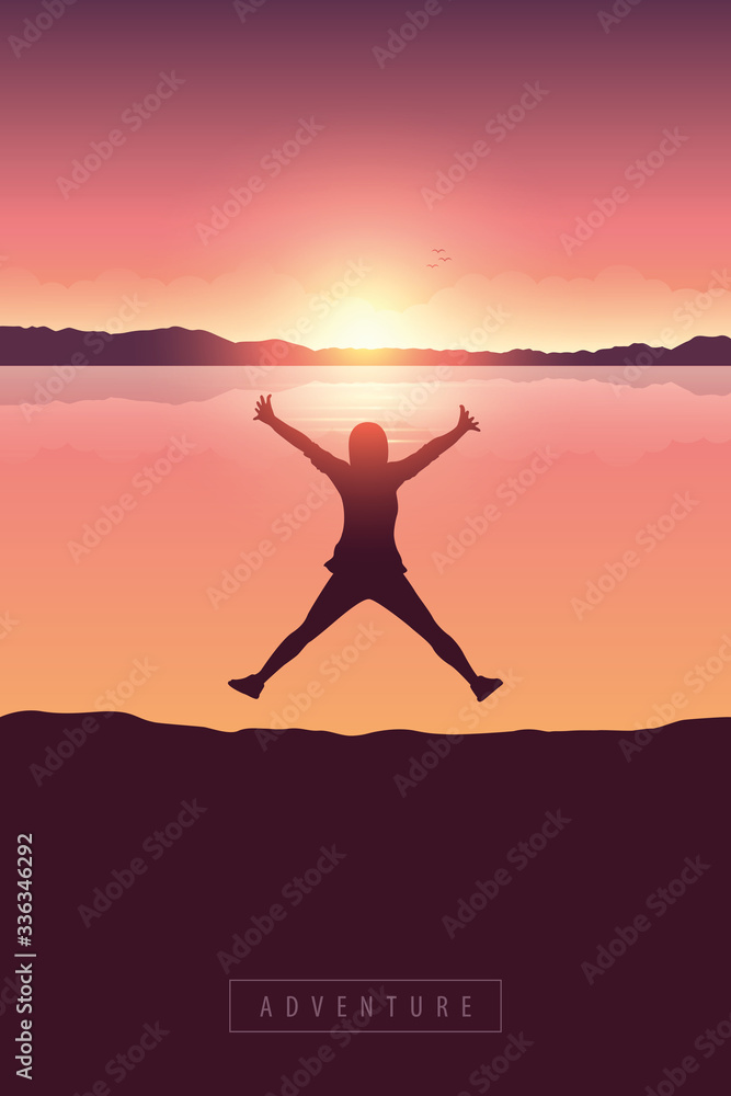 Fototapeta premium happy jumping girl at sunrise by lake with mountain view vector illustration EPS10