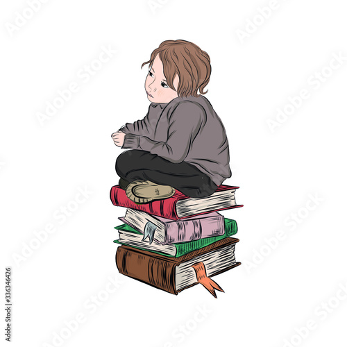 Little pensive boy sitting on stack of books. Young intellectual. Preschool child. 