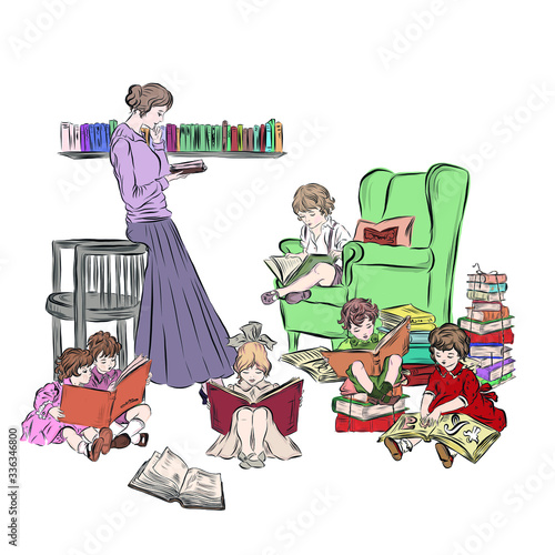 Mothers Day. Woman with her many children reads books in a room with an armchair, wall shelf. Home education. Baby sitter in kindergarten. 