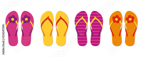 set of colorful flip flops summer collection swim wear with flower vector illustration EPS10