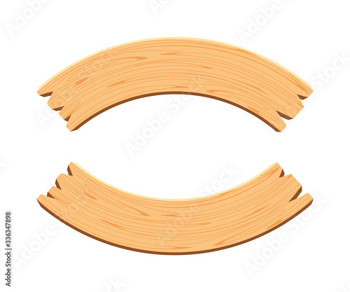 curved wooden planks isolated on white background, wood plank curve for signs and copy space, wooden signs curve shape, empty wood plank brown for message text