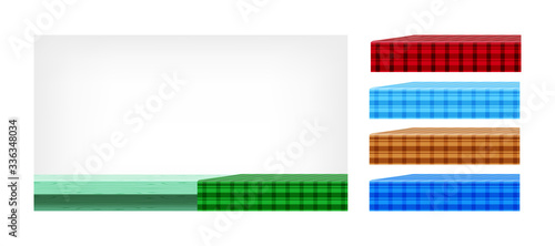 wood table green pastel and set of tablecloth for design edit, front copy space, empty plank top and tablecloth, checkered cloth on wood plank for background, tablecloth on tabletop, fabric on table