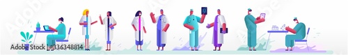 Vector illustration in a flat style. Set illustration doctors team. Medical staff doctor and nurse, group of medics. 